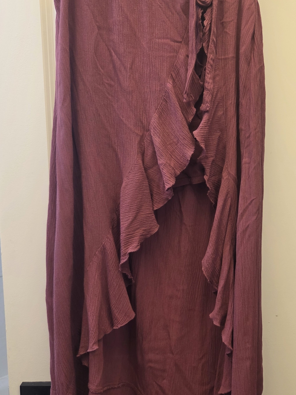 Vanilla Star Mauve Maroon Wrap Midi Skirt Tie Waist Ruffle Asymmetric Sz L
